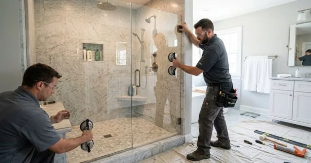 Framed glass shower door with metal handle and hardware