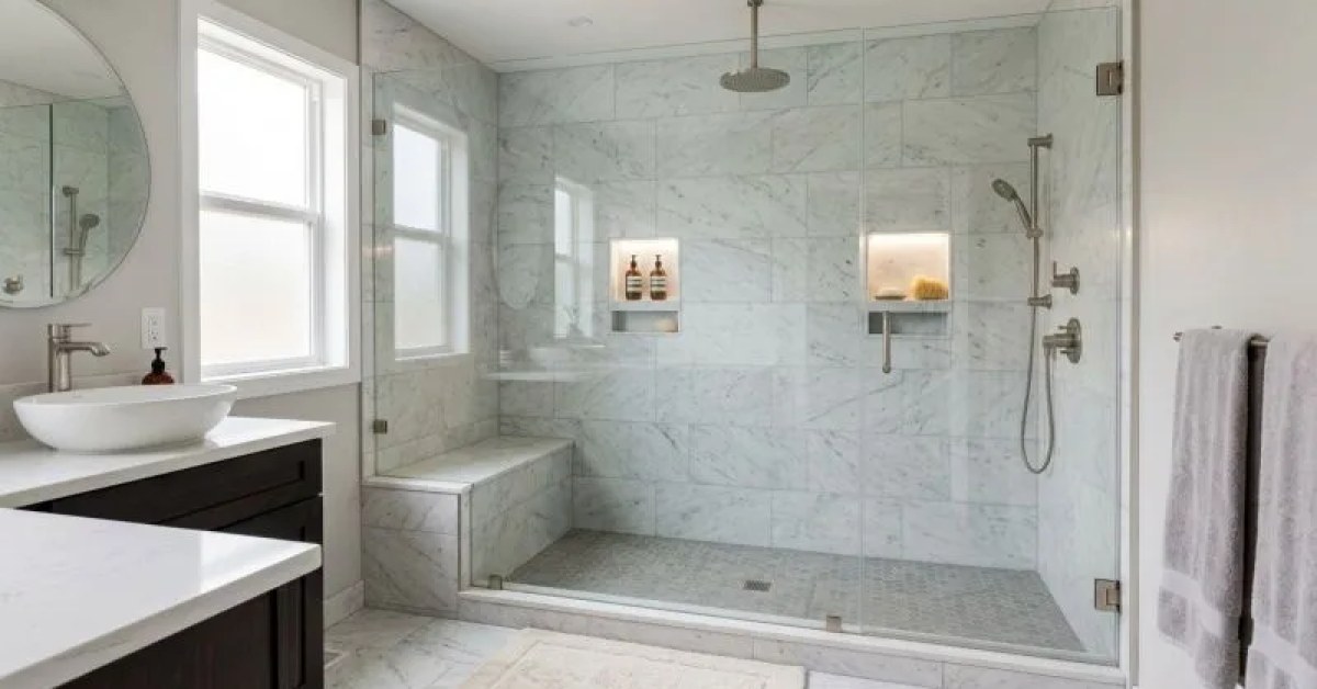 Updated shower remodeling project with modern fixtures and wall surfaces