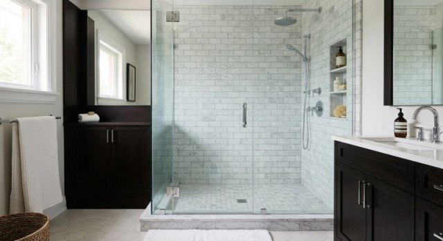Bathroom shower with newly installed surround walls