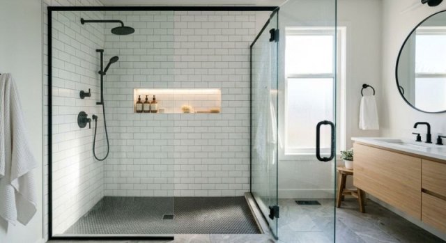 Bathroom shower with newly installed surround walls