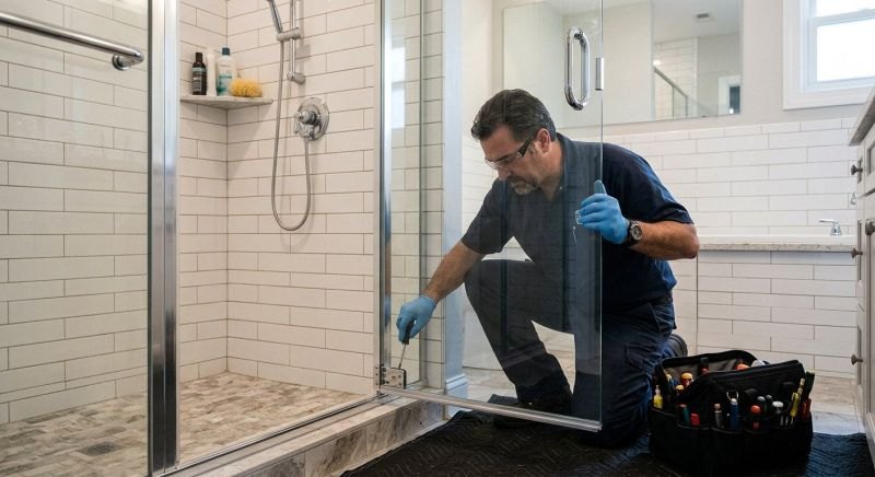Glass shower door with visible hinge and handle hardware